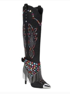 Gianni Bini Kaitrin Colorful Rhinestone Denim Heeled Pointy Tall Boots 8